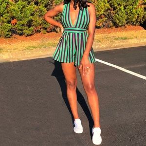Green Stripe Tie Back Romper/ Jumpsuit/ Playsuit